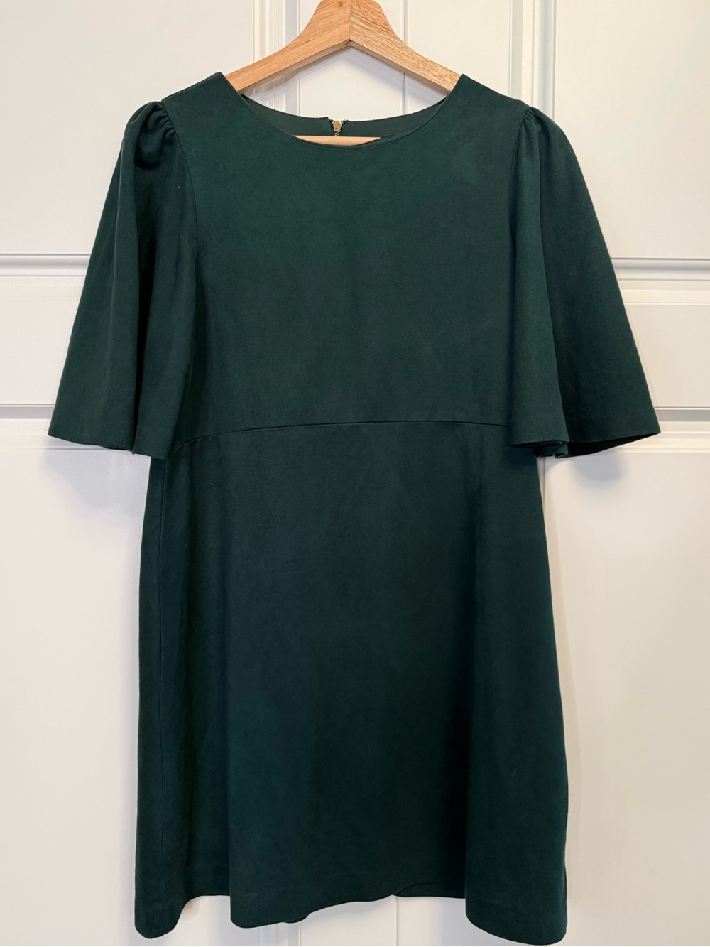 Zara Dark Faux Suede Green Shift Dress Puff Sleeve Mini Dress Back Zip Size M